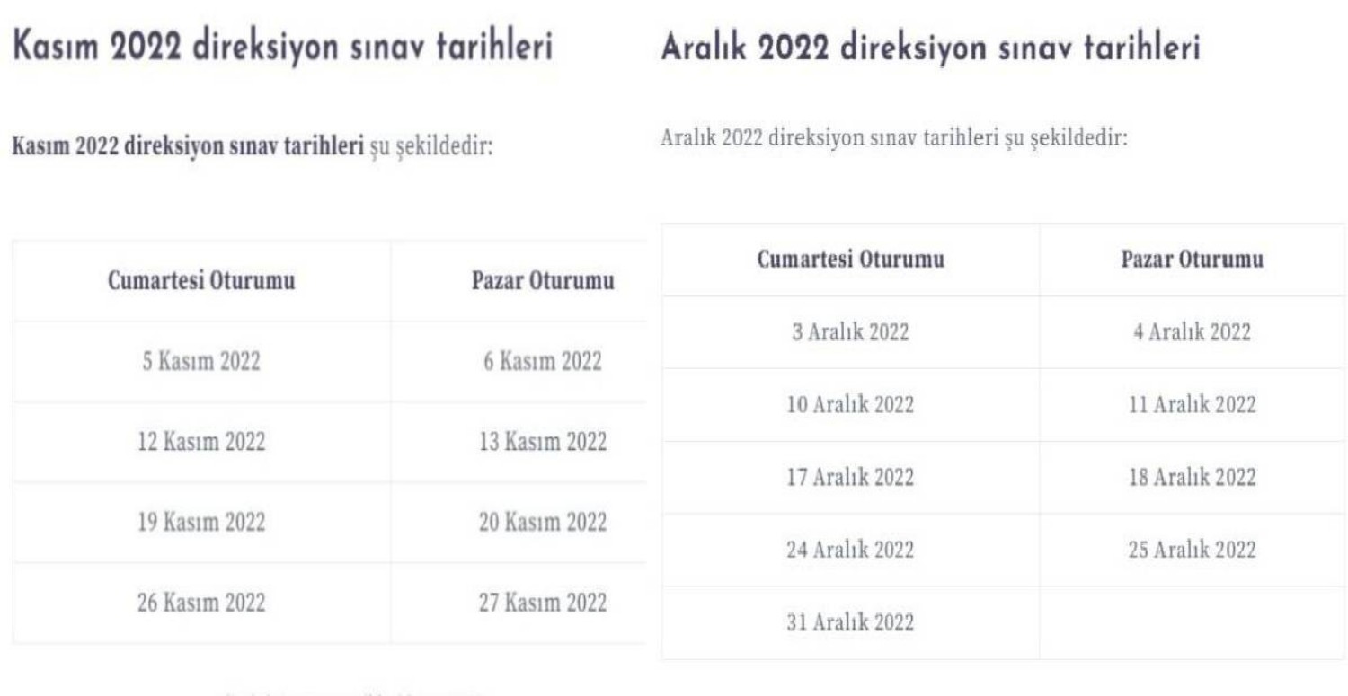 Direksiyon sınav tarihleri 2022