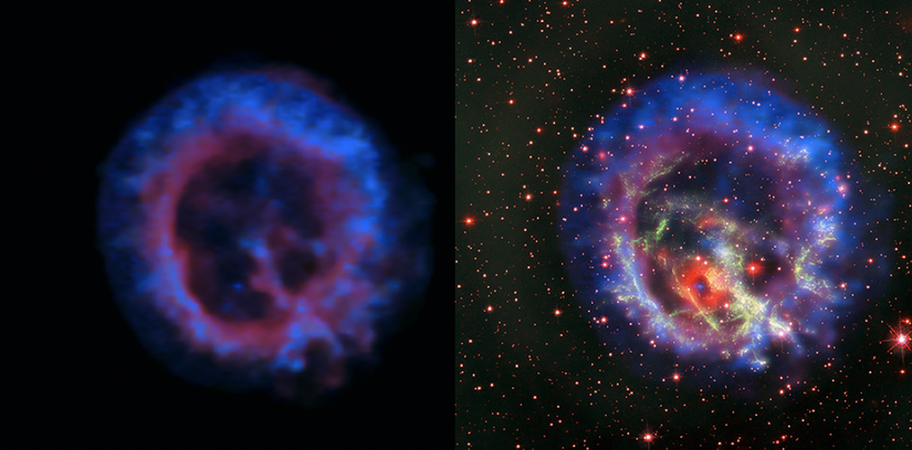 Yaklaşık 200.000 ışık yılı uzaklıkta bulunan, süpernova patlaması yapmış bir yıldızın X-ışını (solda) ve X-ışını+optik birleştirilmiş görüntüsü (sağda).