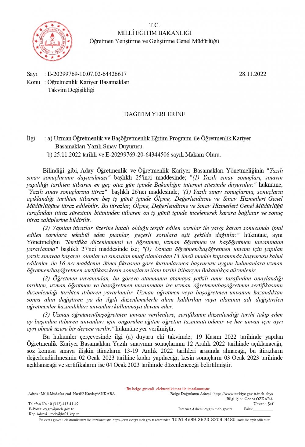 Milli Eğitim Bakanlığından''Öğretmenlik Kariyer Basamakları'' Konulu Resmi Yazı