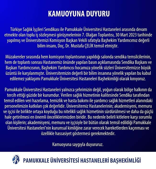 PAÜ Hastanesi'nden toplu iş sözleşmesi süreci ile ilgili duyuru