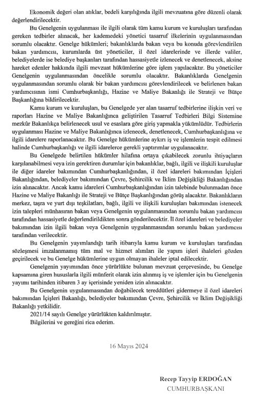 Tasarruf Tedbirleri ile İlgili Cumhurbaşkanlığı Genelgesi Yayımlandı