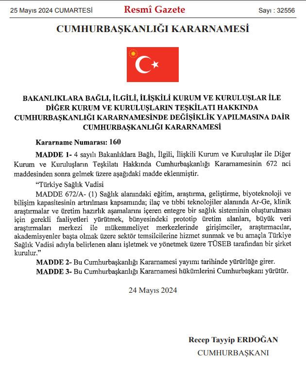 Türkiye Sağlık Vadisi'nin kuruluşuna dair kararname Resmi Gazete'de