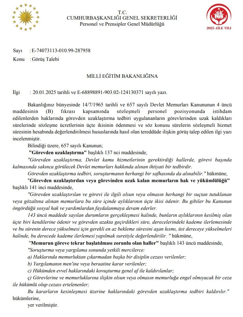Sözleşmeli personelin görevden uzaklaştırılmasına dair görüş yazısı