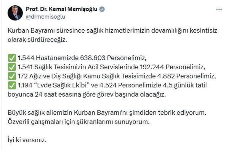 Bakan Memişoğlu açıkladı: Hastaneler 638 bin personelle görevde