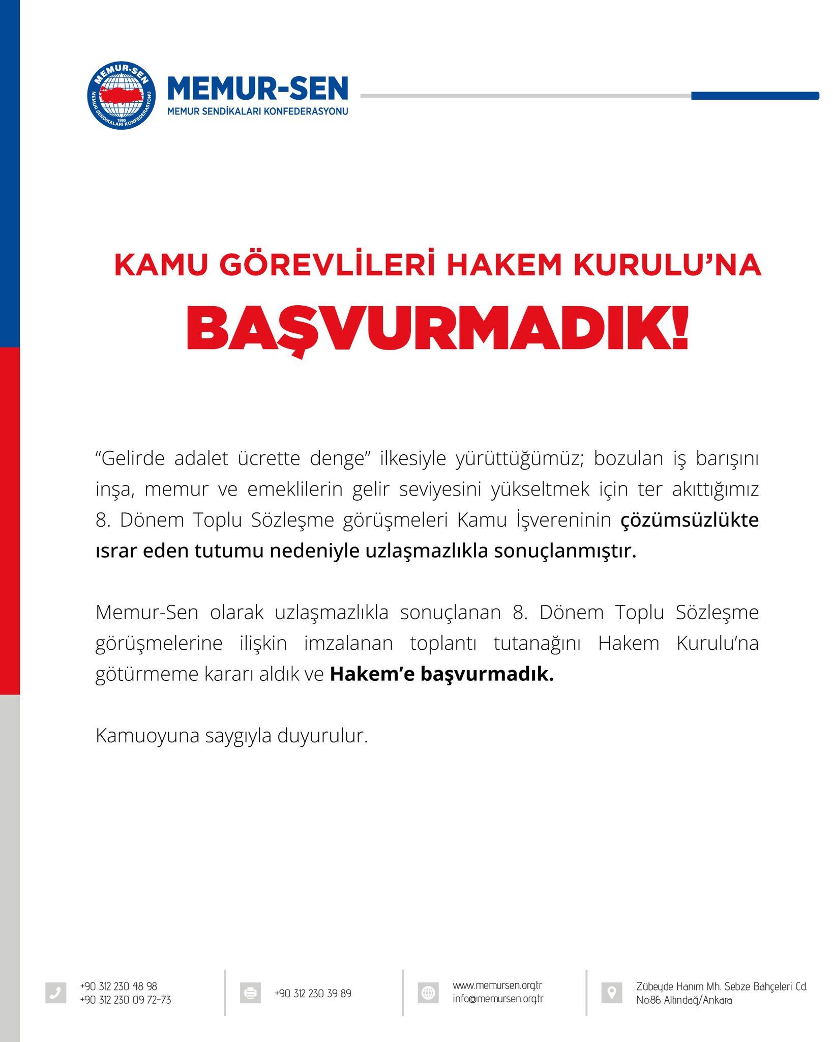 Memur-Sen, Kamu Görevlileri Hakem Kurulu'na başvurmadı