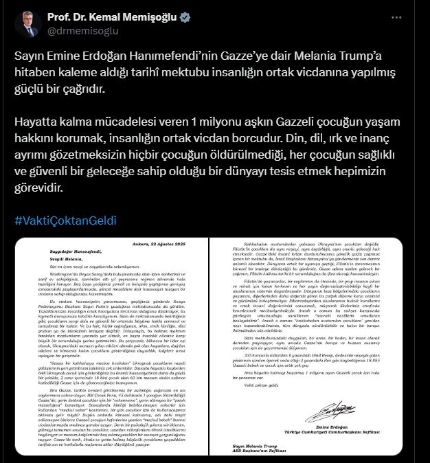 Sağlık Bakanı Memişoğlu: Emine Erdoğan'ın mektubu insanlığın ortak vicdanına güçlü bir çağrıdır