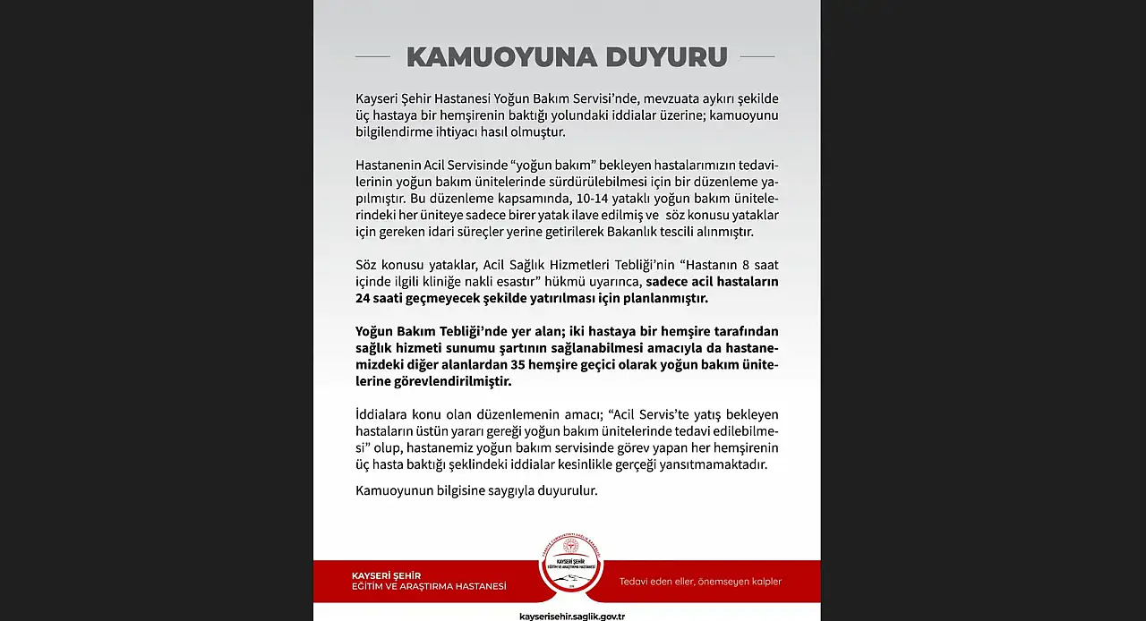 Kayseri Şehir Hastanesi: İddialar kesinlikle gerçeği yansıtmamaktadır
