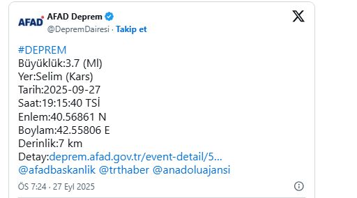 AFAD duyurdu: Kars'ta deprem