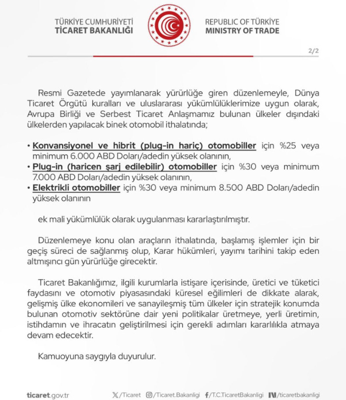 İthal otomobile yüzde 25 ila 30 arasında ek gümrük vergisi geldi