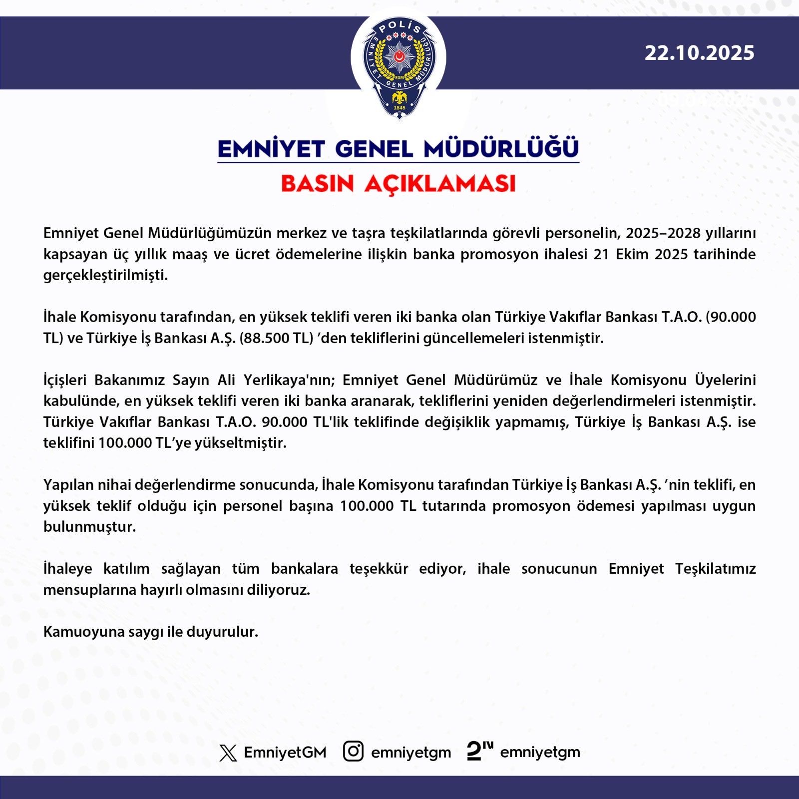 EGM açıkladı: Polislerin alacağı promosyon tutarı belli oldu